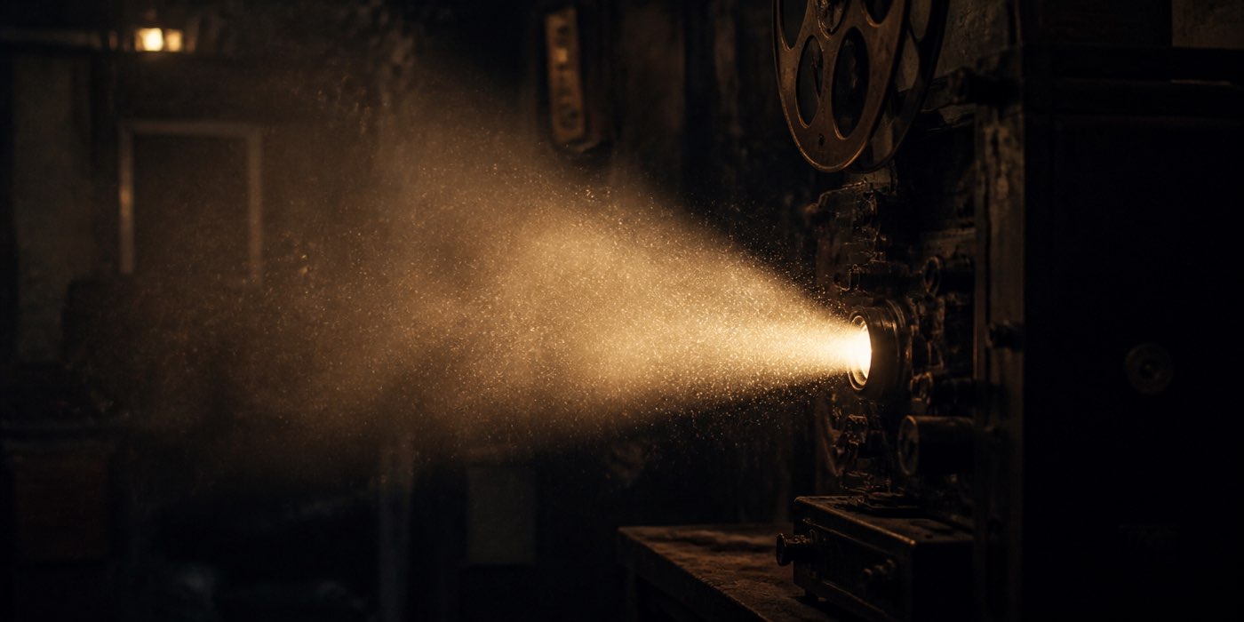 Film projector beam cutting through a dark room