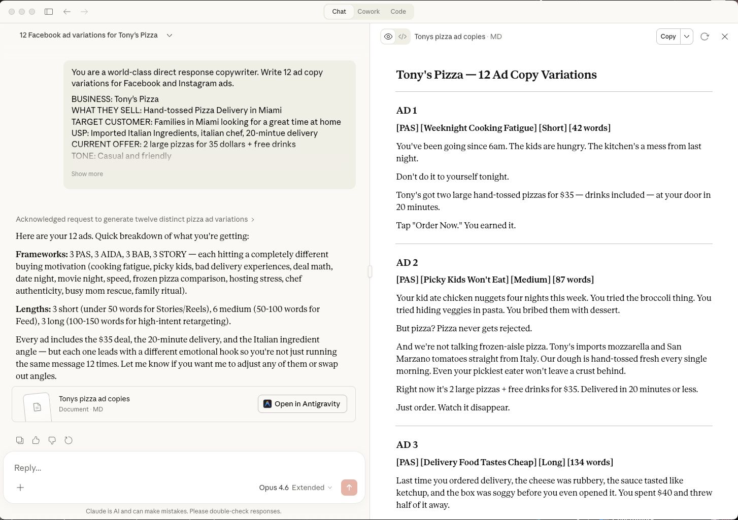 Claude AI generating 12 ad copy variations for Tony's Pizza — showing the prompt on the left and the output document on the right with Ad 1 (PAS, Short), Ad 2 (PAS, Medium), and Ad 3 (PAS, Long)
