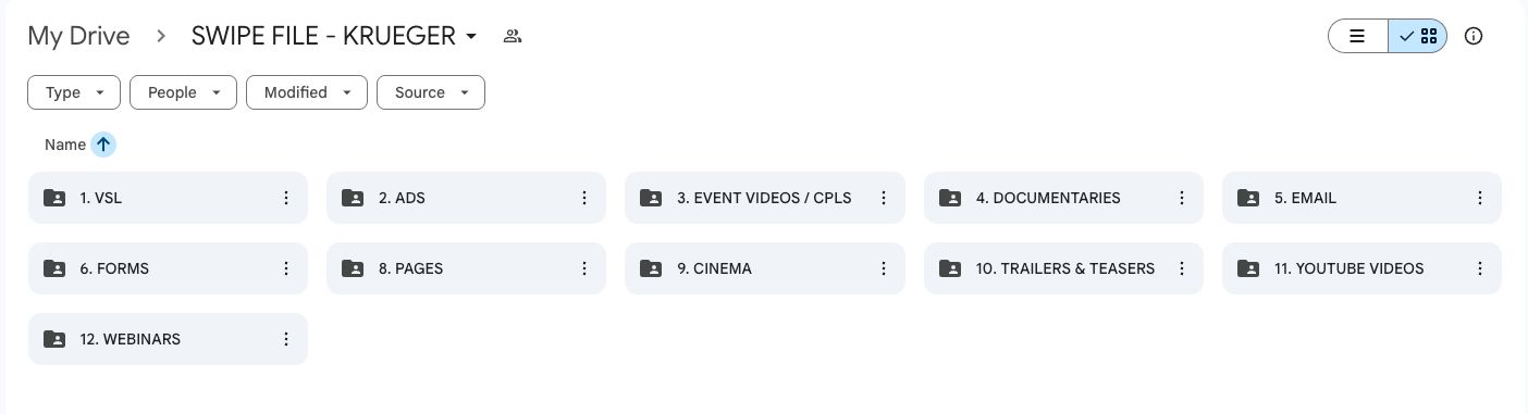 Google Drive swipe file organized into 12 folders: VSL, Ads, Event Videos, Documentaries, Email, Forms, Pages, Cinema, Trailers, YouTube Videos, Webinars